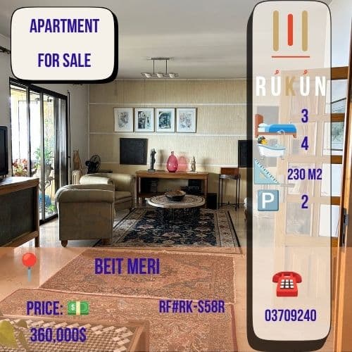 Apartment For Sale | Beit Mery | 230 sqm | Panoramic View | 3 Bed | 4 Bath | 2 Salons | Big Balcony | 2 Parking | Cave | On Deed | $360,000 | RUKUN
