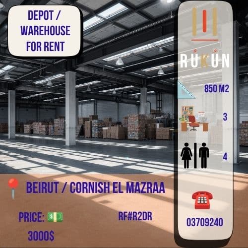 Depot / warehouse for rent in Beirut Cornishe el Mazraa 850m2 / 3000$